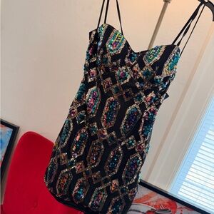 AKIRA Black Mini Dress with Multicolor Sequin Geometric Pattern